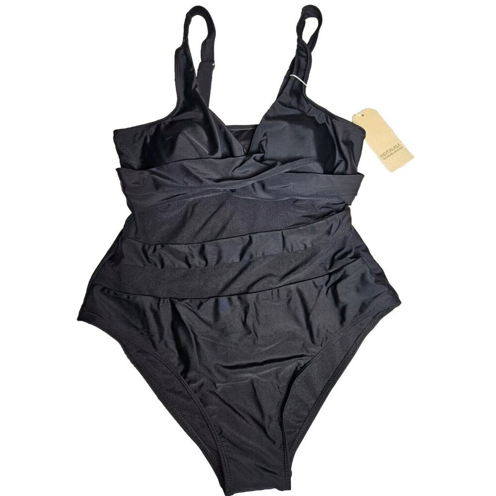 HEYTALALA One Piece Black Cntrl Top Swimsuit Women Large, Adjustable Straps NWT